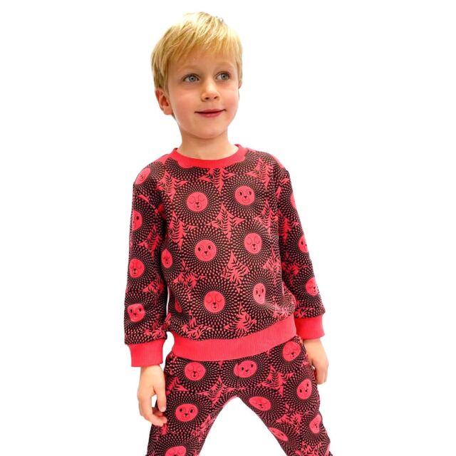 Little boy wearing red/black African inspired lion face sweatshirt and joggers